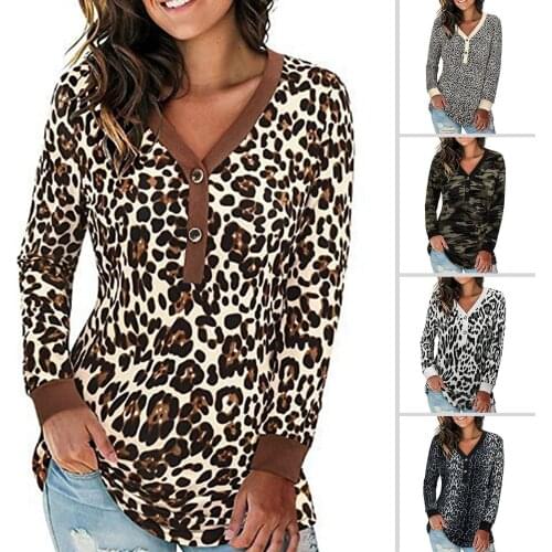 2020 Fashion Women Blouses Autumn Winter V Neck Long Sleeve Leopard Camouflage Buttons T-shirt Blouse Womens Shirt Tops