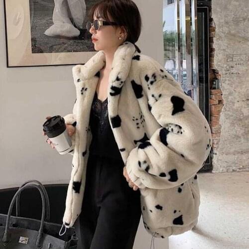 2021 New Winter Coat Women Thick Warm Turn-down Collar Plus Size Faux Rabbit Fur Zipper Print Jacket