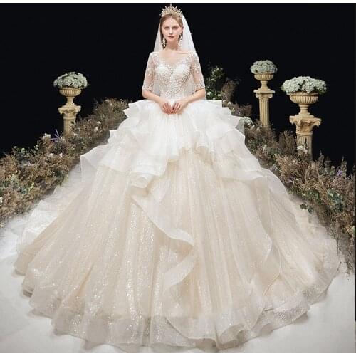 Beading Sequined Appliques Flowers Shiny Ball Gown Wedding Dress Plus Size Vestidos Half Sleeve Lace Up Gorgeous Bride Dresses