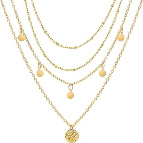 Bohemian Multi-layer Round Coin Pendant Necklaces for Women Ladies Gold Chain Geometric Necklace Trendy Jewelry collier femme