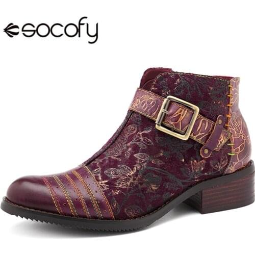 Socofy Retro Bohemian Boots Women Shoes Woman Spring Autumn Cow Leather Motorcycle Boots Zipper Chunky Heel Ankle Shoes 2020