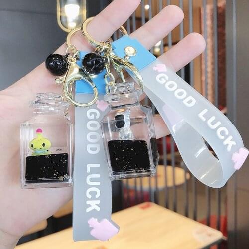 Creative Astronaut Unicorn Cat Keychain Milk Tea Cup Liquid Quicksand Sequin Key Ring Bag Car Pendant for Women Men Key Chain