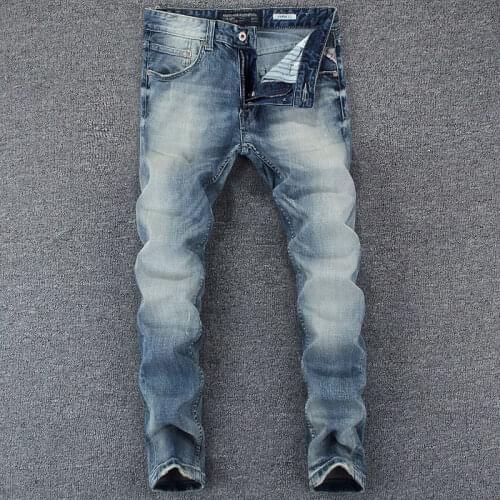 European Vintage Fashion Men Jeans Retro Light Gray Blue Slim Fit Ripped Jeans Men Classical Designer Casual Cotton Denim Pants
