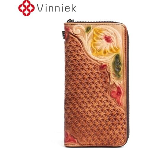 Genuine Leather Women New Wallet Retro Embossed Purses Hand-Painted Money Clip European and American Style Long Fashion Clutch