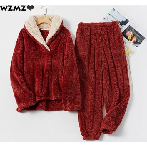 Autumn Winter Pijama Plush Soft Pajama Womens Pajamas Warm Thick Loose Pajama Set Patchwork Embroidery Turn-down Neck Split Hem