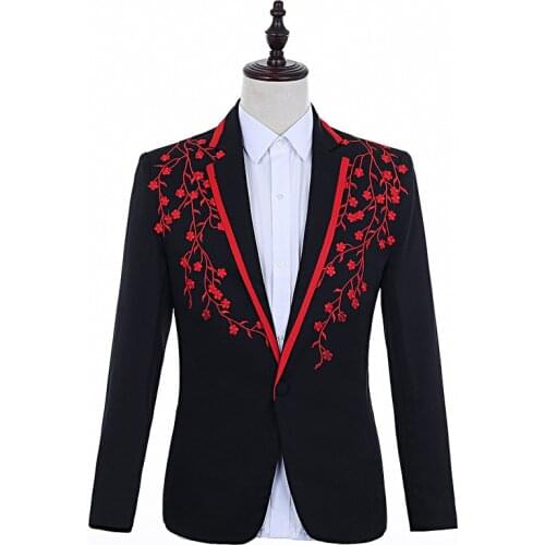 Autumn Floral Embroidery Black Blazer for Men Slim Fit Casual Coat for Singer Nightclub Stage Costume