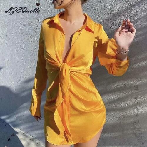 LZEQuella Lace Up Turn Down Collar Shirt Dress Women Summer Long Sleeve Pleated Mini Dresses Elegant Ladies Party Vestido NZ3802