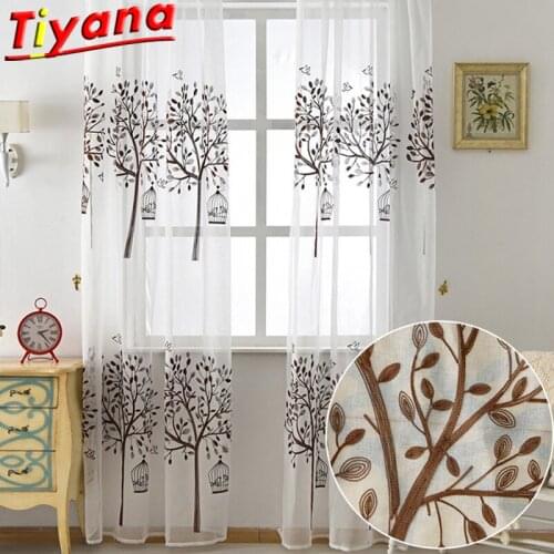 Bird Cage Coffee Color Embroidery Tulle Curtains for Living Room Tree Embroidery Sheer Volie for Bedroom X-HM474#VT