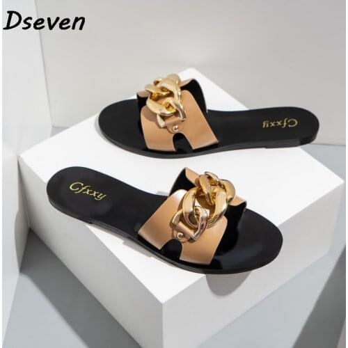 New Ladies Slippers and Sandals Fashion Black Metal Chain Decorated Flat Sandals Round Toe Women Slides Female Beach Shoes