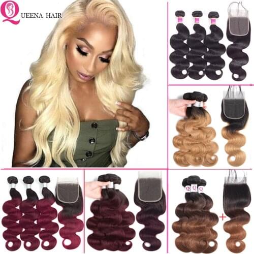 Ombre 1B/27 1B/99J Blonde 613 Bundles With Closure Body Wave Brazilian Hair Weave Bundles With Closure Remy Human Hair 3 Bundles