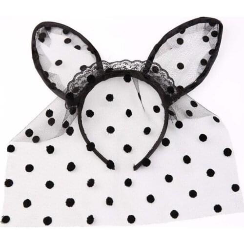 Women Sexy Polka Dots Mesh Veil Headband Cat Fox Ears Lace Black Hair Hoop Masquerade Cosplay Party Headpiece Gift