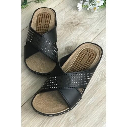 Massage Soled Slippers Cross Stone Detail Black Mother Slippers Female Slippers Women 'S Soft Slip-Resistant Floor Base Luxury Quality Slippers