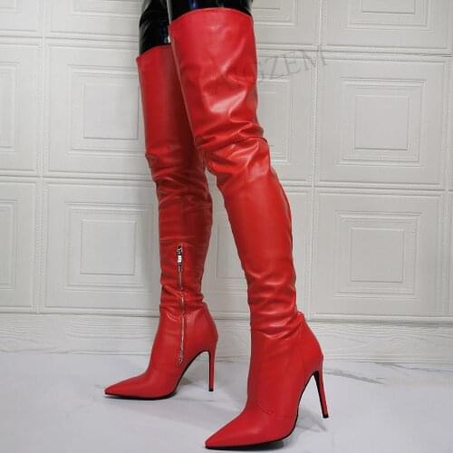 BERZIMER Women Thigh High Boots Red Faux Leather Side Zip Pointed Toe Stiletto Heels Boots Ladies Shoes Woman Size 41 43 45 47