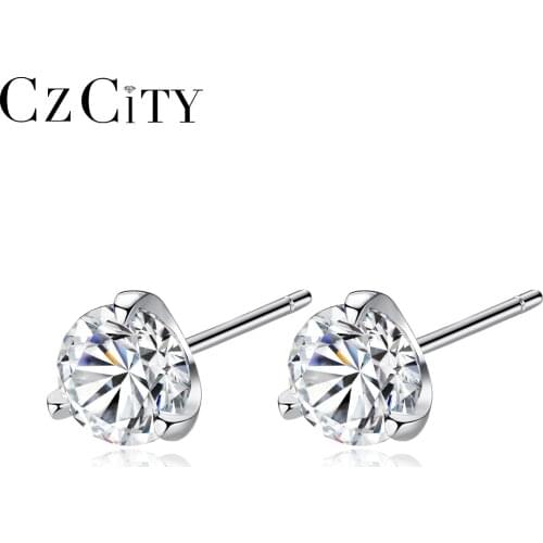 CZCITY Clear CZ Stud Earrings Simple Three Claws Size 3mm/ 4mm/ 5mm/ 6mm 925 Sterling Silver Women Earrings Jewelry Daily Wear