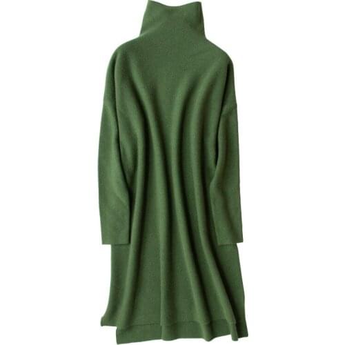 Shuchan Women Sweater Turtleneck Dress 100% Cashmere Pullover Long Sleeve Straight Knee-Length Vestido Feminino Green Winter