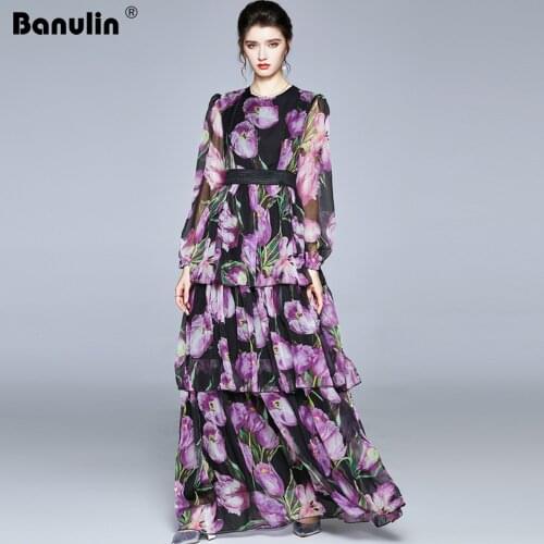Banulin Spring New Fashion Runway Floral Tiered Cake Long Dress Womens Long Sleeve Tulip Overall Printing Party Maxi Dress Robe