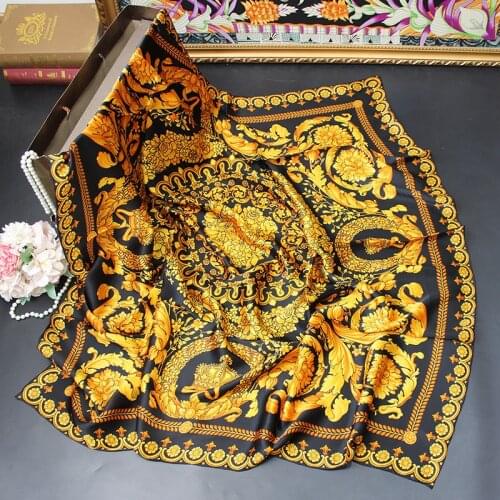 Golden Scarf Women 100% Satin Silk Hand Rolled Edges Large Square Bandana Shawl Wrap 110*110cm