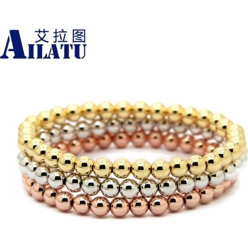 Ailatu 10pcs/lot 6mm Rose and Gold-Color Plated Round Copper Beads Men Woman Birthday Gift Stretch Bracelet Jewelry