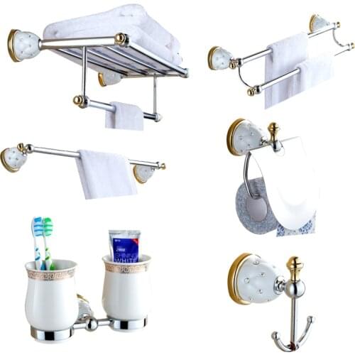 Euorpe Antique Ceramic And Gold Crystal Bathroom Accessories Set Wall Towel Rack Plating Gold Hardware Hanging Style Suit