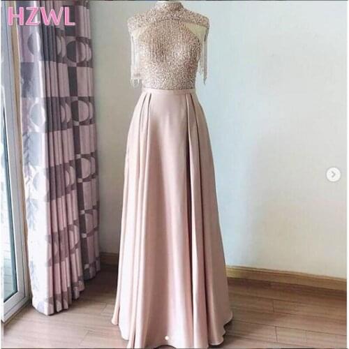 Elegant Beading Tassel Cap Sleeve Evening Gowns Zipper Back Satin A Line Prom Dresses Floor Length Formal Party Robe