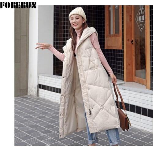 FORERUN Long Vest Women Solid Hooded Ex-long Cotton Padded Winter Warm Coat 2021 Korean Fashion Elegant Gilet Long Femme Ete