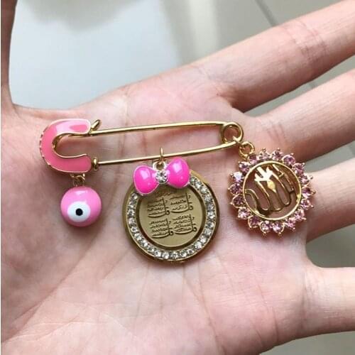 Exquisite and Cute Qul Suras Allah Turkey Evil Eye Stainless Steel Pink Brooch Baby Pin Jewelry