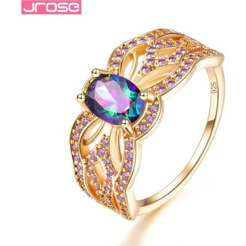 JROSE Wedding Fashion Pretty Oval Cut Rainbow & Green White Cubic Zirconia Silver Goldplated Ring Size 6 7 8 9 For Lady Party
