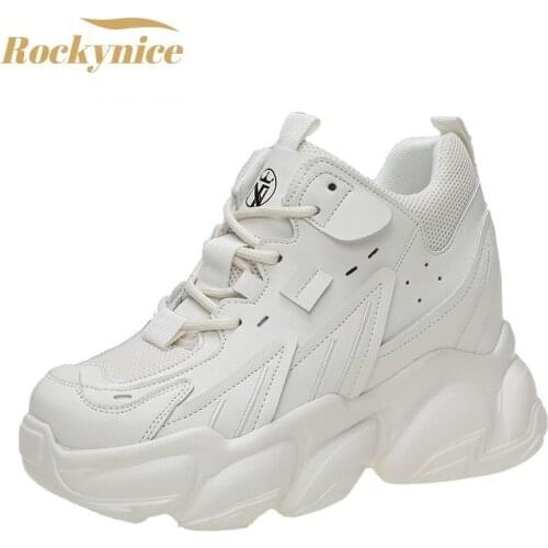 Spring Womens Casual Sports 9CM High Platform Shoes All-match Comfortable Womens Chunky Sneakers Mesh Breathable White Shoes