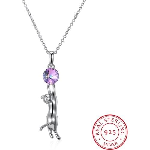 LEKANI Crystals Necklace 925 Sterling Silver Sexy Cat Crystal Pendant Necklace animal Long Boutique Jewelry