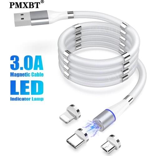 Magnetic Magic Storage Rope Micro USB Type C 3A LED Fast Charger Charging Cord For iPhone 12 11 Pro Max Mobile Phone USB C Cable