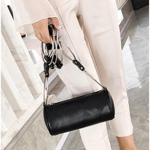 Fashion Creative Luxury Women Bags Metal Round Ring Pu Leather Baguette Cylinder Package Clutch Female Messenger Bags Handbag