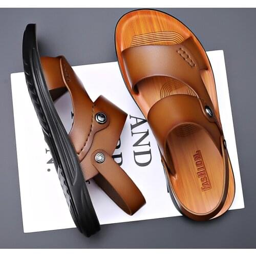 WEH men sandals leather 2021 trendng summer Men Shoes Vintage cow Genuine Leather Non-slip Beach Slip-On Sandals Travel Slippers