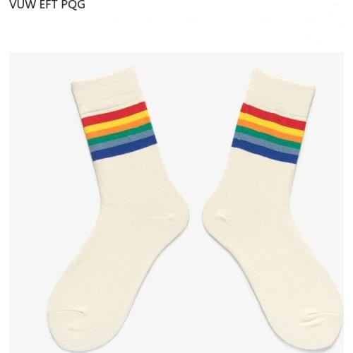 Hip Hop Socks Beige Rainbow Stripes Men and Women Socks Pattern Couple Street Cotton Simple Design