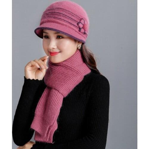 New 2019 Winter Women Rabbit Fur Hat Scarf Female Flowers Wool Caps Girls Warm Knitted Beanies Winter Velvet Mother Hat Scarf