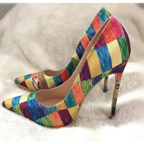 Sexy Muti-color Plaid Strip High Heel Shoes 12 10 8cm Pointed toe Celebrating Party Dress Shoes Plus Size 10 Customized
