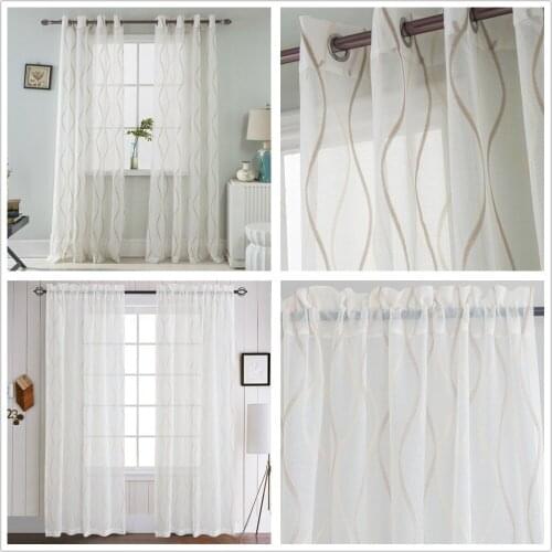 Sheer Curtains with Jacquard Wavy Stripes Jinya Home Decoration White Kitchen Tulle Curtain for Living Room Bedroom Window Drape