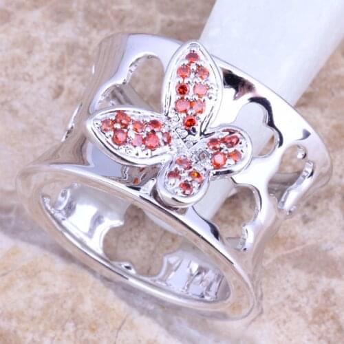Romantic Red Garnet Silver Plated Womens Butterfly Jewelry Ring Size 6 / 7 / 8 / 9 R1223