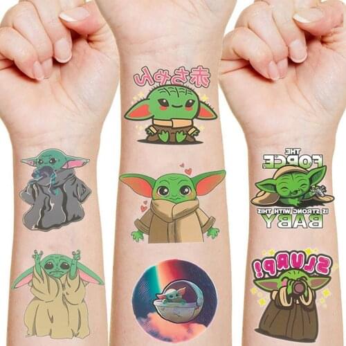 5PCS Disney Baby Yoda Tattoo Stickers Cartoon Action Figure Star Wars Mandalorian Waterproof Sticker Kids Children Birthday Toy