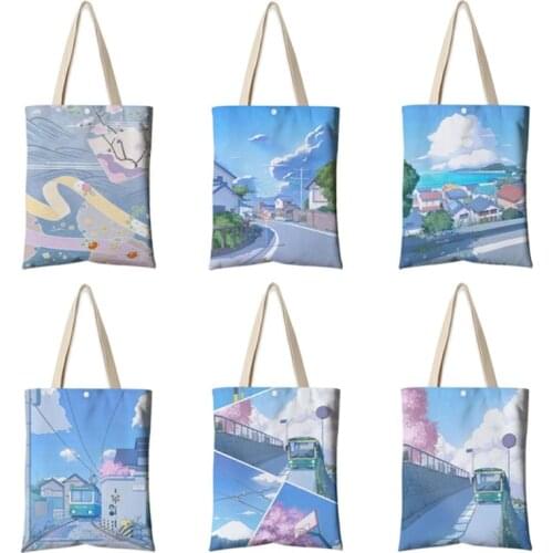 Warm Japanese Style Shopping Bag Graphic Tote Harajuku Shopper Bag Women Canvas Shoulder Bag Eco Large-capacity With Pocket