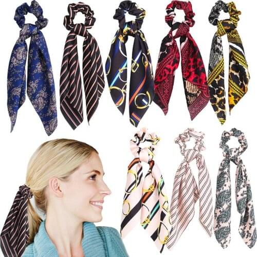 New Fashion Sweet Print Scrunchie Women Ribbon Elastic Hair Band Bow Scarf Hair Rubber Hair Ropes Girls Hair Accessories