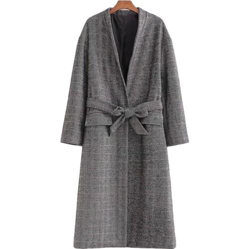 PUWD Vintage Woman Grey Loose Long Plaid Woolen Jackets Fad Autumn Vogue Ladies Thick Sashes Coats Female Oversized Outerwear