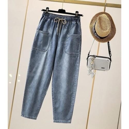 Denim Harem Pants Vintage Embroidery Jeans Spring Summer New Korea Fashion Women Elastic Waist Loose Casual Cotton