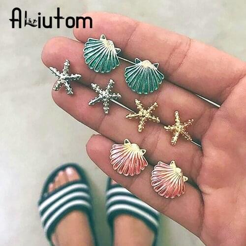 4 Pairs/Set Starfish Shell Multicolored Stud Earrings for Women Wedding Bohemian Summer Beach Boucle D'oreille Jewelry Brincos