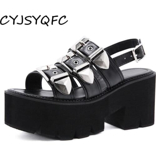 CYJSYQFC Summer Gladiator Metal Buckle Platform Women Sandals Peep Toe Block Hells Rubber Sole Woman Shoes Black High Quality
