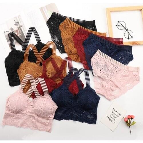 Women Lace Gathered Bra Set Solid Breathable Wrapped Chest Bras Panties Bra & Brief Two-piece Set