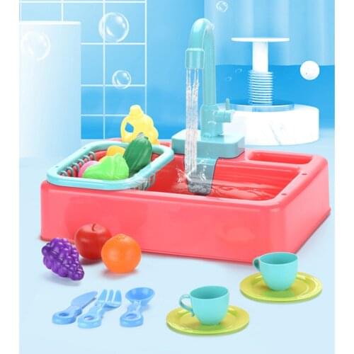 19PCS Electric Dishwasher Kitchen Toys Wash-up With Running Water Pretend Play Toy Fruit Waterproof Kitchen Set Cooking Toy Girl