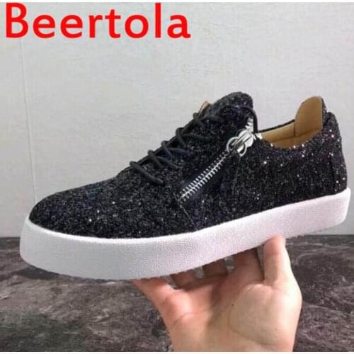 2021 Beertola Male Bling Sequined Comfortable Black Loafers Men Casual Shoes Party Dress Flats Sole Zipper Lace-Up Sneakers