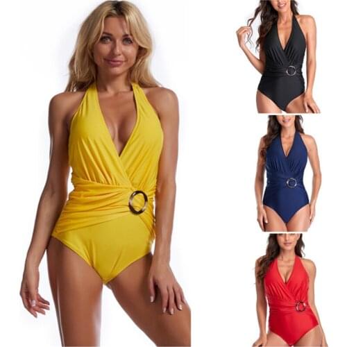 2021 new European and American solid color halter neck strapless sexy one-piece bikini swimsuit women
