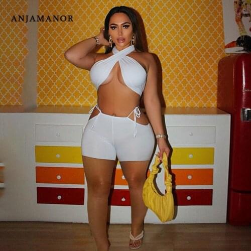ANJAMANOR Sexy Cross Wrap Halter Crop Top and Shorts 2 Piece Sets Womens Beach Vacation Outfits Summer Wholesale Items D85-BE15