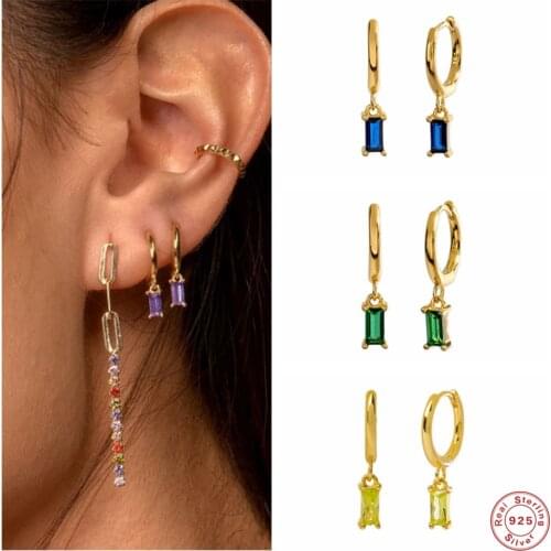 BOAKO 925 Sterling Silver Colorful Zircon Charm Dangle Earrings For Women Circle Huggies Piercing Ohrringe Drop Earrings Jewelry